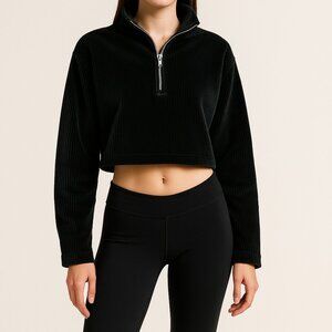 Fabletics Black Corduroy Velour Cropped Zip Pullover S Boxy Baggy Gym Athleisure